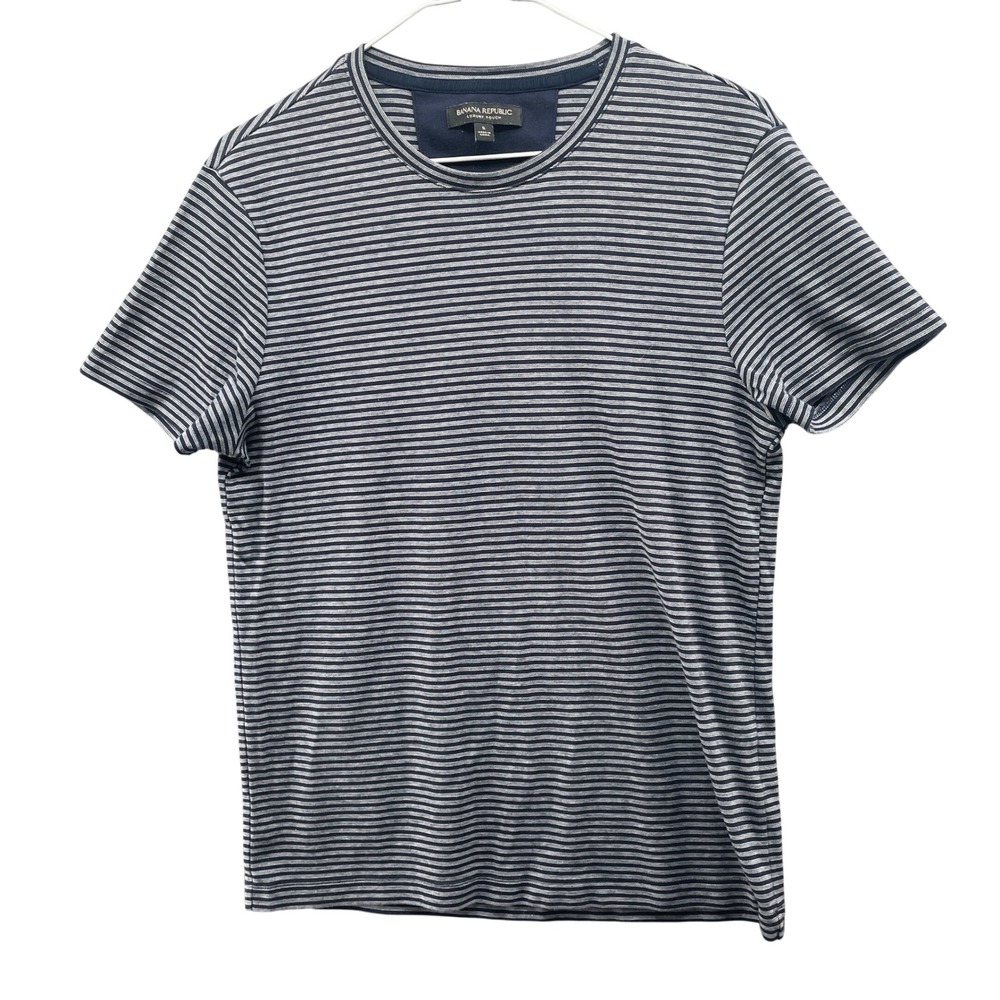 Banana Republic Luxury Touch T Shirt Mens S Navy Blue Striped Short Sleeve